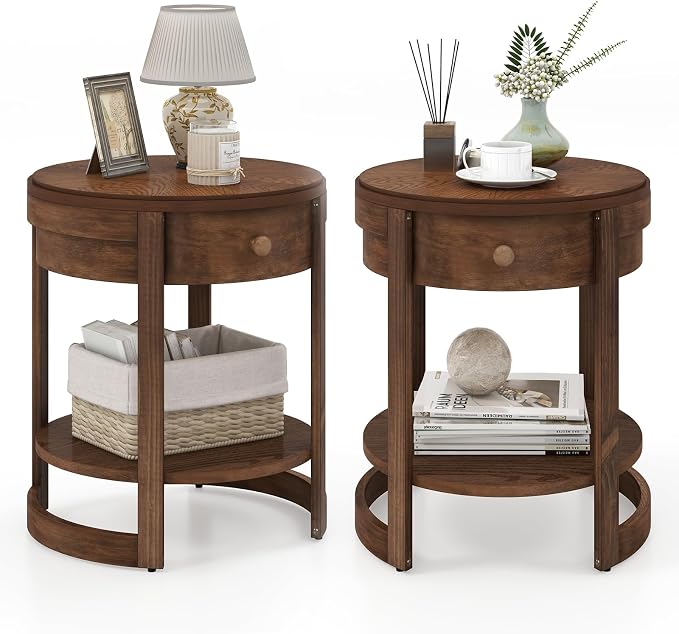Giantex Round Side Tables Set of 2, 2-Tier Retro End Tables with Drawer & Shelf, Wooden Accent Tables with Antique Wood Grain Finish, Vintage Nightstands for Living Room Bedroom, Walnut