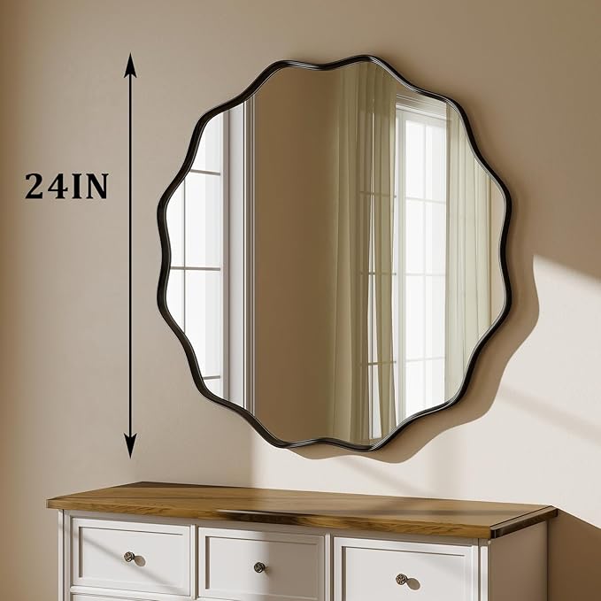 Round Wavy Mirror - 24 Inch Bathroom Vanity Mirror Metal Frame Circle Wall Mounted Mirror for Bedroom Living Room Entryway, Black