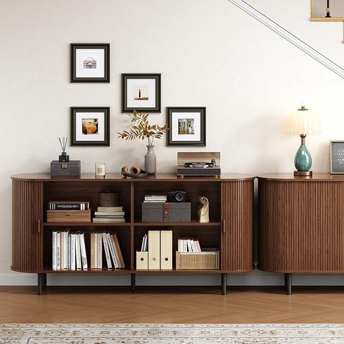 Buffet Cabinet with Storage, Fluted Sideboard Buffet with Sliding Door, Coffee Bar Cabinet with Adjustable Shelf, Console Table, Accent Table for Entryway, Kitchen (Walnut, 63 Inch)