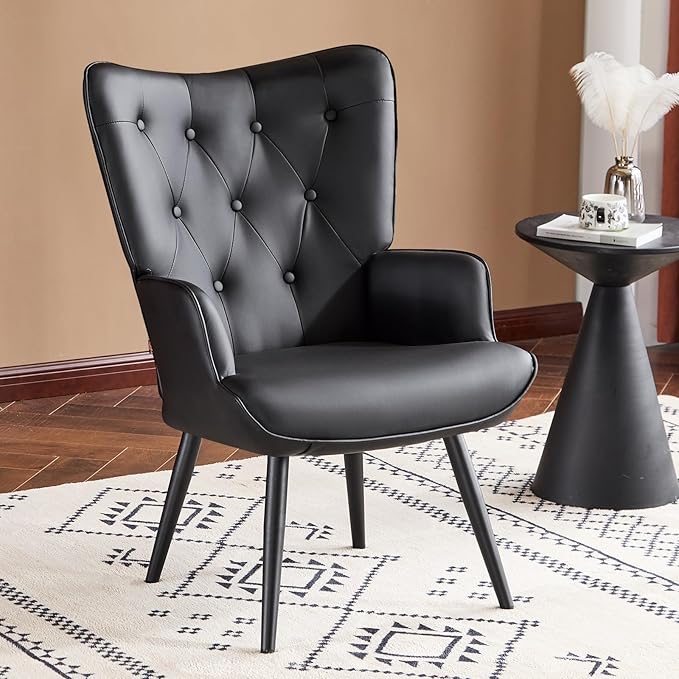 Furniliving PU Leather Accent Chair for Living Room, Upholstered Reading Chair with High Backrest, Tufted-Button Wingback Armchair for Bedroom, Dressing Room, Home Office, Set of 2, Black