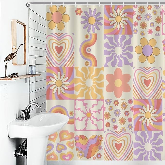 Groovy Floral Shower Curtain for Bathroom,Rustic Vintage Hippie Pink 70s Flower Rainbow Swirl Checkered Funky Trippy Cute Boho Waterproof Fabric Shower Curtain Set with Hooks, 72"x78"