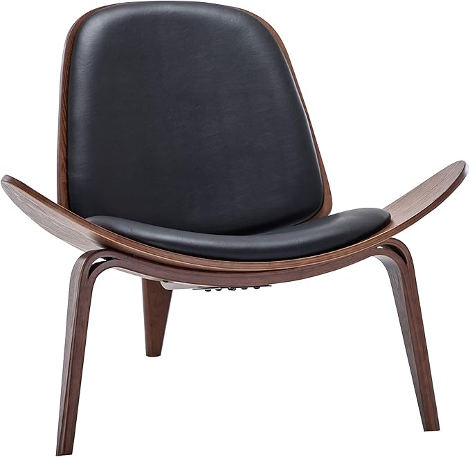 Belleze Mid Century Modern Tripod Plywood Lounge Chair Walnut Bentwood Upholstered Faux Leather, Black