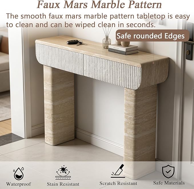 Faux Mars Marble Pattern Console Table with 2 Drawers, 47.2" Skinny Long Sofa Table Behind Couch with Rounded Edges, Wooden Narrow Sofa Table Hall Table for Living Room Foyer Entrance, Marble