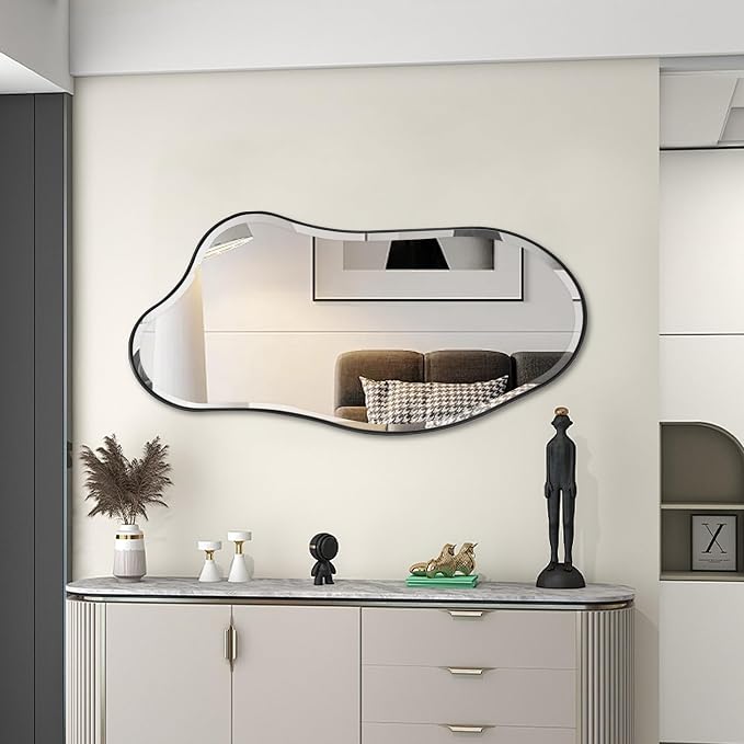 POZINO Irregular Beveled Mirror, 40"x20" Asymmetrical Vanity Wall Mirror with Black Metal Frame, Organic Shape Mirrors for Entryway Bathroom Bedroom Hallway Living Room, Horizontal/Vertical Hanging
