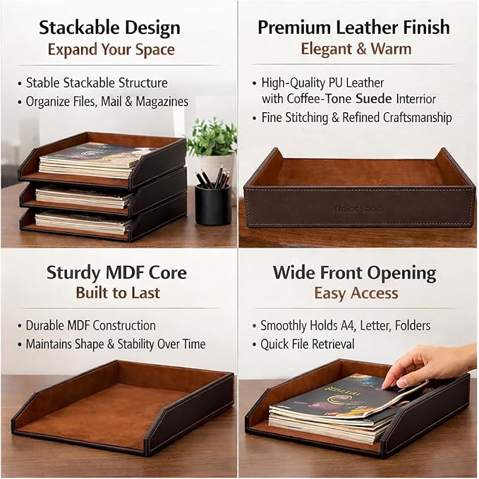 UnionBasic Stackable Document Paper Letter Tray, Faux Leather Desktop File Sorter Organizer Tray, Brown