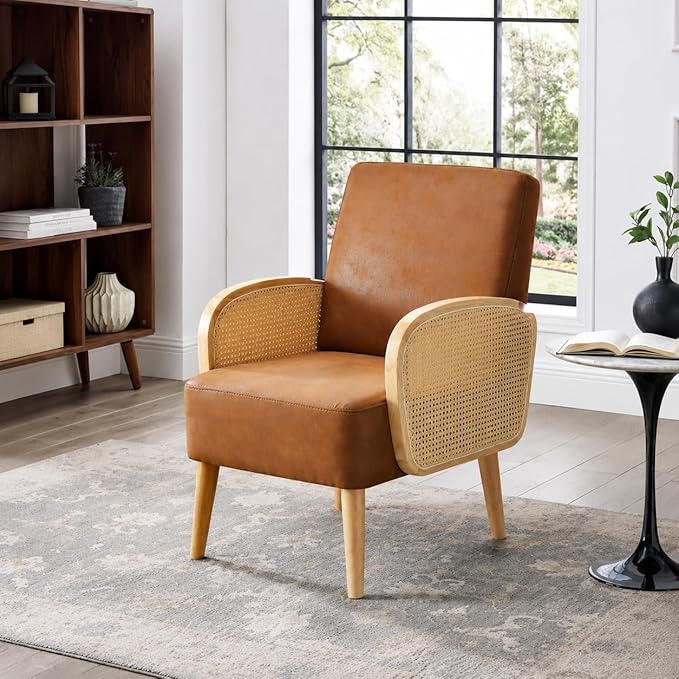 Faux Leather Upholstered Armchair with Solid Wooden Legs