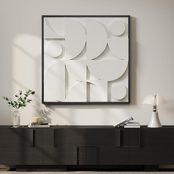 Large 3D Textured Framed White Abstract Wall Art for Living Room, Modern Geometric Sandstone Texture Paintings Artwork for Walls, White Minimalist Pictures for Bedroom Hallway Wall Decor 30x30 In