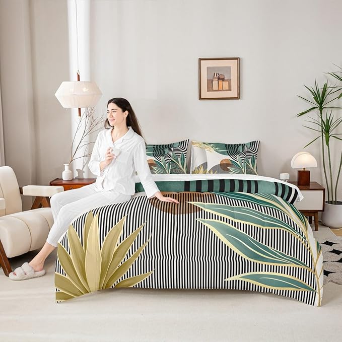 Erosebridal 7 Piece Boho Mid Century Bedding Sets Twin Modern Abstract Geometric Comforter Set for Women Men,Retro Minimalist Aesthetic Bed in a Bag Line Art Sheet Set with Comforter,Green