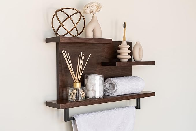 Straga Rustic Wall Mounted Bathroom Shelves - 23" Solid Walnut Hardwood Shelf Organizers with a Choice of 18" Towels Holder - A Modern Addition to Your Bathroom, Powder Room, Housewarming Gift