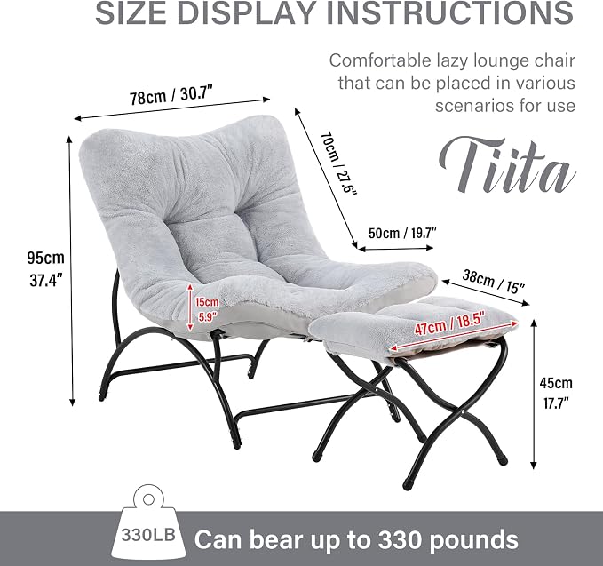 Tiita Accent Lazy Chair with Ottoman, Comfy Lounge Chair with Metal Frame and Plush Fabric, Thick Cushion Seated Cozy Recliner Chair for Reading Room, Living Room, Bedroom, Office, Light Gray