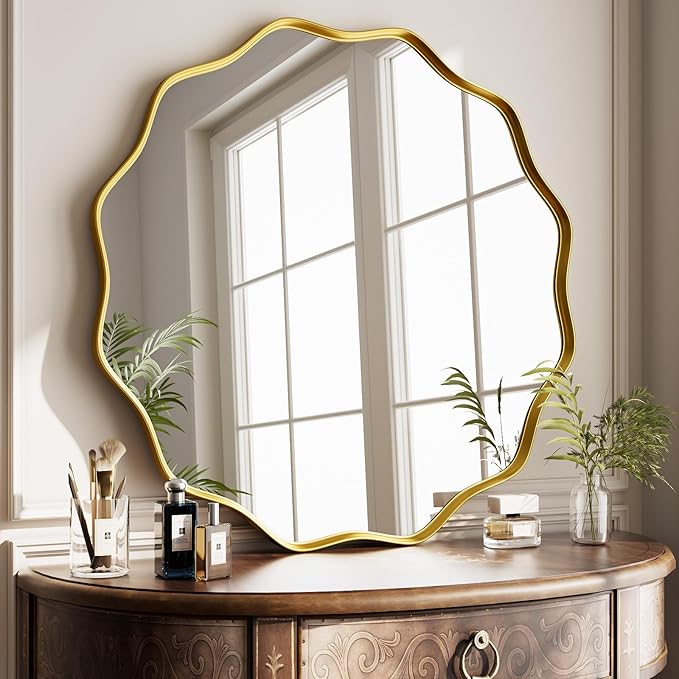 Round Wavy Mirror - 24 Inch Bathroom Vanity Mirror Metal Frame Circle Wall Mounted Mirror for Bedroom Living Room Entryway, Gold