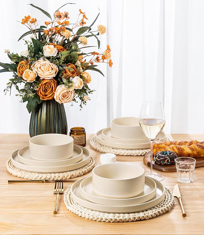 TheTerra Ceramic Dinnerware Sets for 8, 24 Pieces Handmade Reactive Glaze Plates and Bowls Set, Scratch Resistant Dish Set, Oven & Microwave & Dishwasher Safe, Matte White