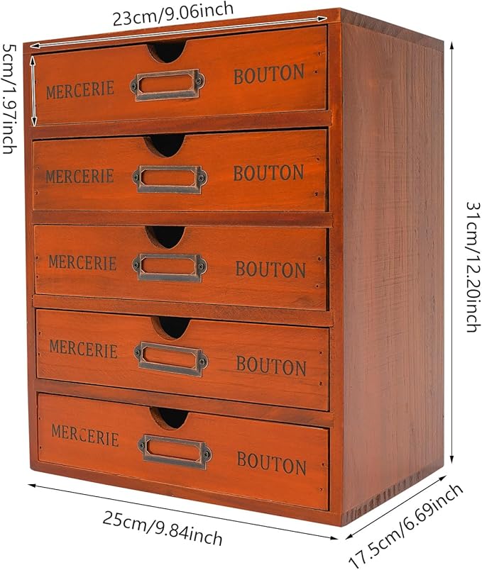 Vintage Wooden Drawers Organizer, 16-Drawer Desktop Storage Box With Drawers, Iron Label Holders, Apothecary Cabinet For Countertop Tea Coffee Pod Storage(5-Drawer/Brown)