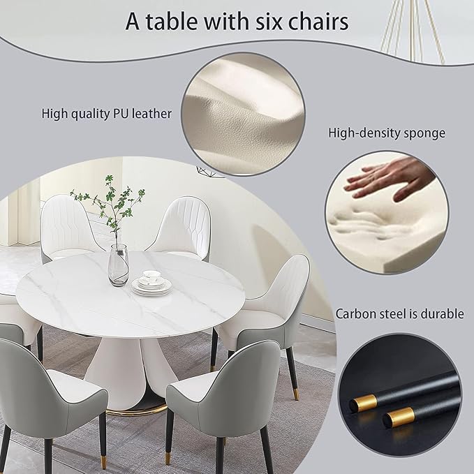 59'' Round Marble Dining Table Set with 6 Chairs for 6-8, Kitchen Table, Dining Room Table Set Petal Pu Leather & Metal Base
