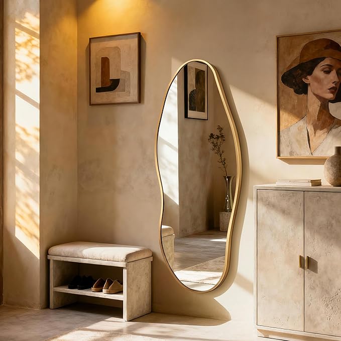 Mirror Full Length - Irregular Full Body Wall Mirror Hanging 55"x 23" Asymmetrical Aviation Aluminum Alloy Frame Unique for Bedroom, Living Room, Cloakroom, Entryway