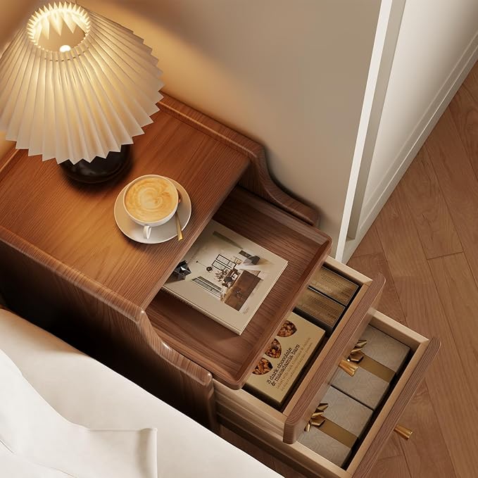 AQIMUELE Wood Nightstand, Walnut Nightstand with 2 Drawers, Bedside Table for Bedroom