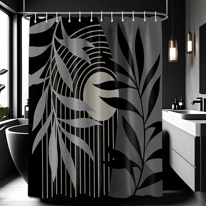 Boho Black and Grey Shower Curtain, Mid Century Modern Black and Gray Shower Curtains for Bathroom, Waterproof Fabric Set with Hooks, (70" W X 96" L)