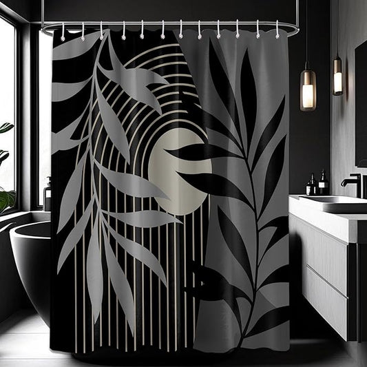 Boho Black and Grey Shower Curtain, Mid Century Modern Black and Gray Shower Curtains for Bathroom, Waterproof Fabric Set with Hooks, (70" W X 96" L)