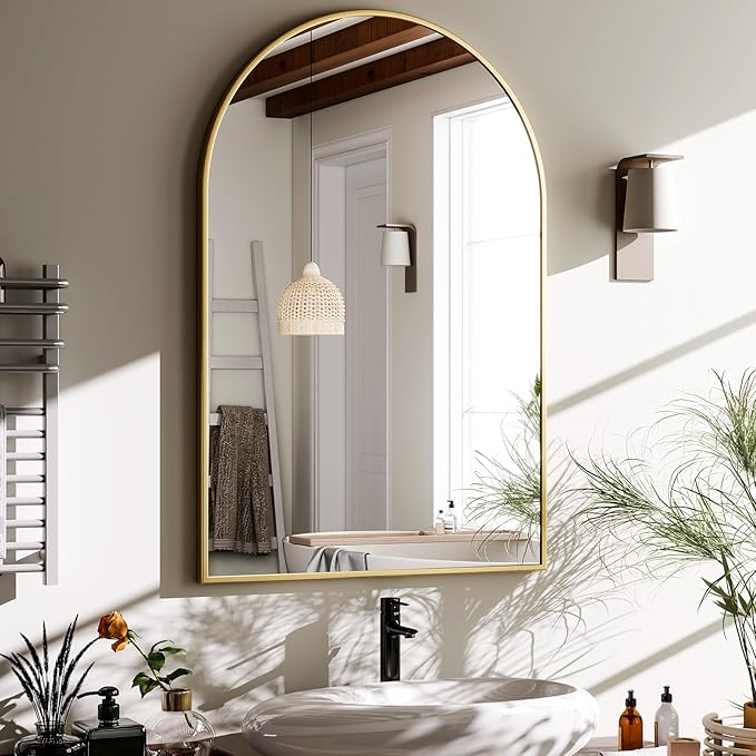 HARRITPURE 22"x30" Arched Bathroom Mirror, Wall Mounted Mirror, Gold Arch Mirror, Aluminum Alloy Frame Wall Mirror for Living Room, Bedroom and Entryway