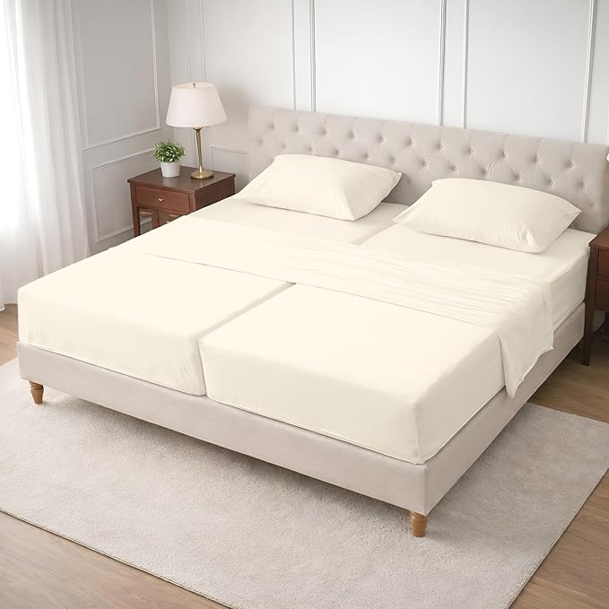 SGI Split King Sheet Set for Adjustable Bed Egyptian Premium Cotton 600 Thread Count Sheets for Sleep Number Bed 15" Deep Pocket 5 Pc Set with 2 Twin XL Fitted Sheets Soft Breathable -Ivory