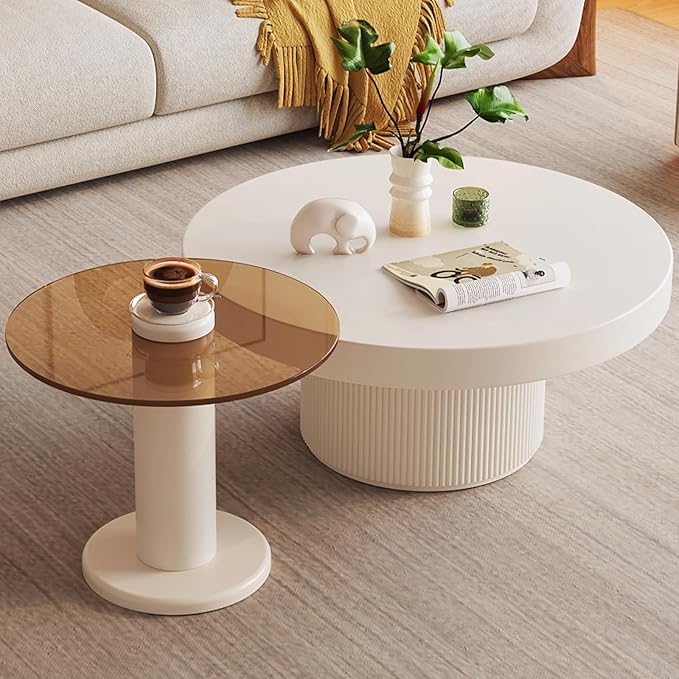 Guyii Round Nested Coffee Table Set, Creamy White Coffee Table and Tempered Glass Side Table Set, 2 in 1 Modern Nesting Coffee Table, End Table for Living Room, Bedroom, Small Spaces