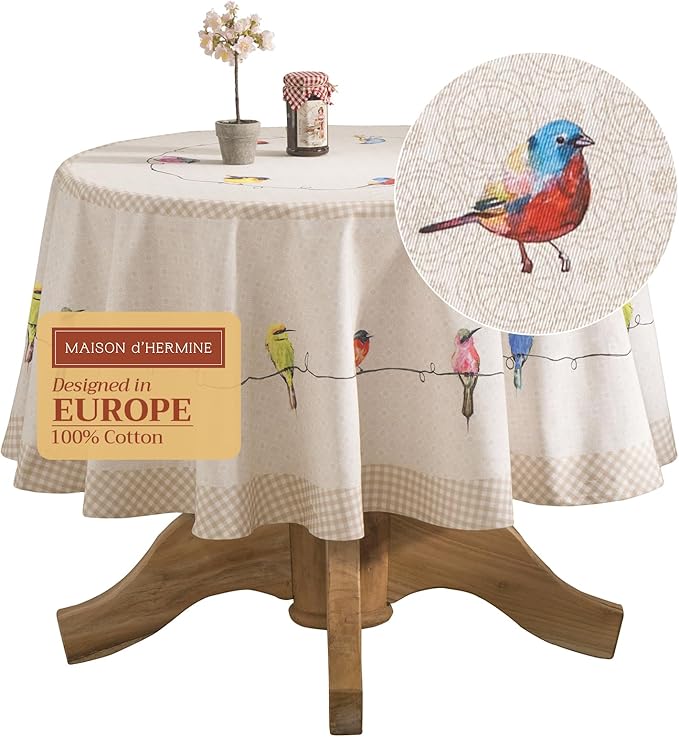 Maison d' Hermine Table Cloth Round Table 100% Cotton 63 Round Inches Tablecloth Reusable Decorative for Dining Room Farmhouse Home Valentines Day Decorations Spring Summer - Birdies on Wire