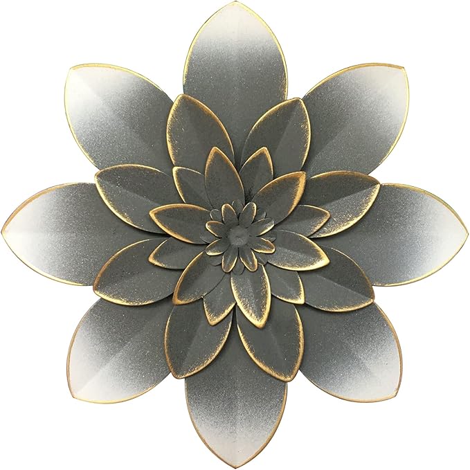 Grey Metal Flower Wall Art Decor, 9.5“ Rustic Modern Floral Sculpture, Distressed Iron Wall Hanging Home Decoration Accent Artworks for Indoor Kitchen Bedroom Living Room Office Outdoor Garden Patio