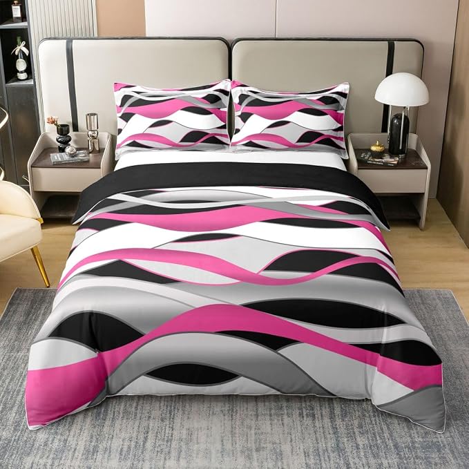 Erosebridal Pink Grey Black 100% Cotton Duvet Cover Twin Geometric Spiral Bedding Set for Kids Teens Adults Modern Stripe Lines Comforter Cover Abstract Retro Stripes Bed Set 2 Pcs