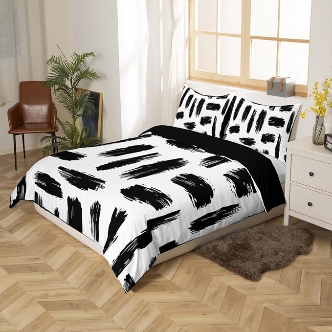 Erosebridal Geometric Stripes Duvet Cover Twin Bohemian Exotic Abstract Striped Comforter Cover for Kids Teens | Black White Ink Brushed Bedding Set Lines Bed Set with 1 Pillow Case