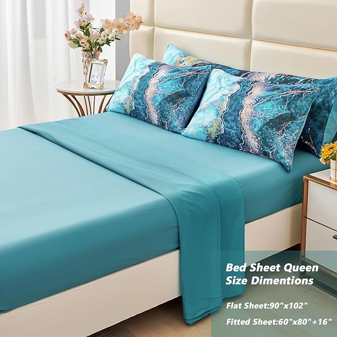 PERFEMET 6 Pcs Teal Marble Comforter Set Queen Watercolor Marble Printed Quilt Set Luxury Retro Artwork Style Gold Bed in A Bag Complete Set(Teal, Queen)