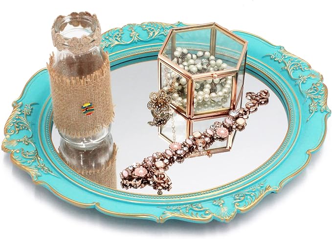 Eaoundm 13.1 x 14.8 inchs Decorative Wall Mirror,Vintage Hanging Mirrors for Bedroom Living-Room Dresser Decor Oval Blue Plastic Frame
