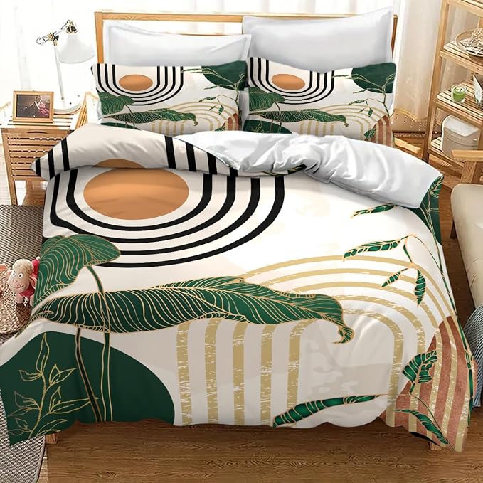 Boho Leaf Bedding Set,Mid Century Green Tropical Plant Palm Leaves Abstract Minimalist Geometic Arch Modern Comforter Set with Pillowcase for Bedroom Bed Decor,Queen 90"x90"