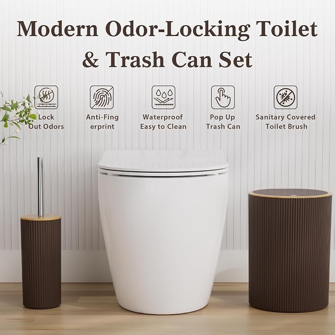 Brown and Wooden Bathroom Accessories Set, 25PC Bathroom Accessory Sets, Bathroom Sets with Push Top Trash Can, Shower Curtain and Rugs, Toilet Brush, Trash Can & Soap Dispenser
