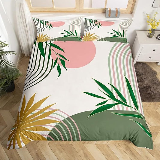 Abstract Geometric Duvet Cover Queen for Kids Teens Adults,Mid Century Green Pink Comforter Cover,Botanical Plant Leaves Bedding Set,Minimalist Simple Bed Set 3 Pcs Bedroom Decor