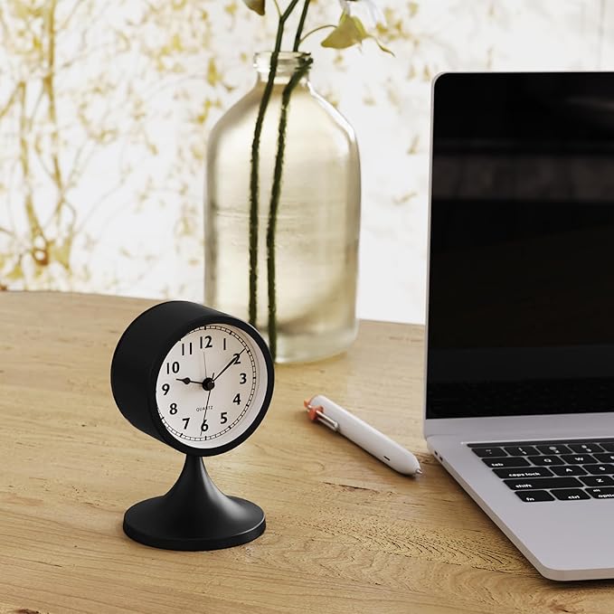 AYRELY® 3" Cute Analog Alarm Clock,Small Retro Table Clock Battery Operated,Slient Metal Desk Clock with Light for Living Room Decor,Bedroom,Bedside,Shelf (Black)