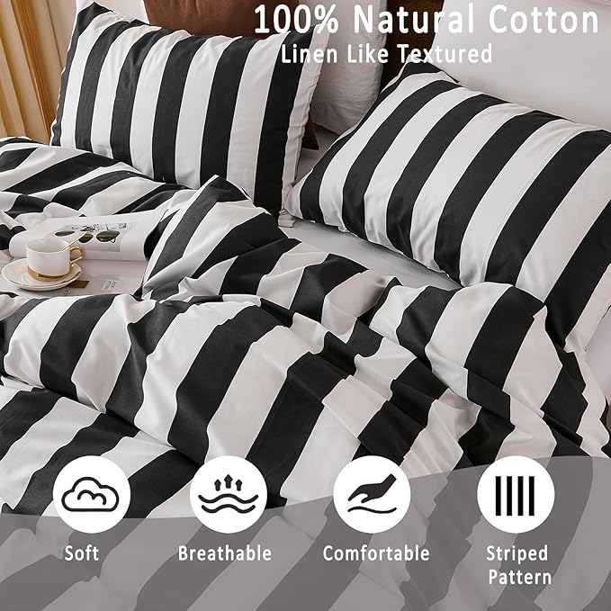 Merryword Black and White Striped Duvet Cover Set Queen Size - 100% Cotton Duvet Cover Set with Zipper Closure & 8 Corner Ties, 3-Piece Luxury Linen Like Bedding Set for All Seasons