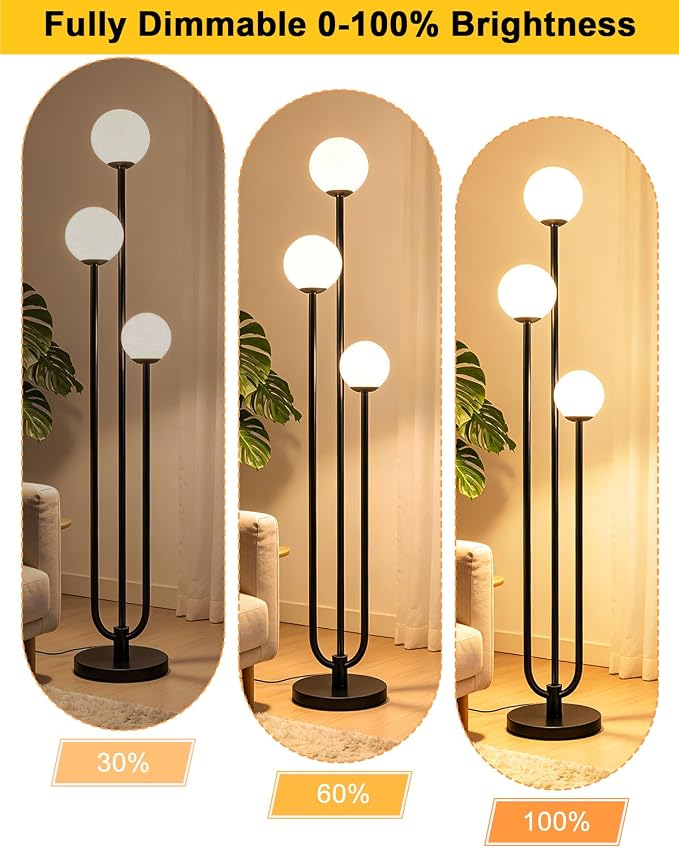 Lightdot 63IN Black Floor Lamp Dimmable with Mid Century Standing Lamps, 3000K Warm White Bulbs Included, Modern Globe Floor Lamp with 5Lbs Heavy Base for Living Room/Bedroom/Sofa Beside/Corner Decor