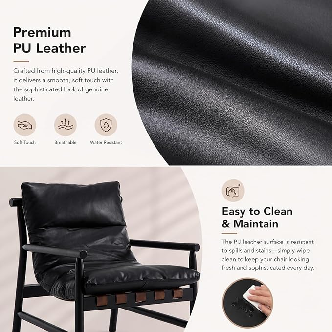 DUOMEI Faux Leather Accent Chair, Mid Century Modern Living Room Chairs with Solid Wood Frame, Upholstered Lounge Reading Chair Comfy Arm Chair Cozy Recliner for Bedroom/Guest Room, Black
