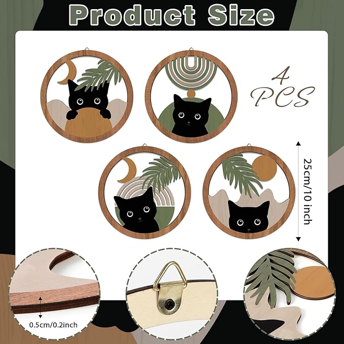 HPNIUB Boho Black Cat Wall Decor, Farmhouse Geometric Hanging Wooden Wall Art, 4 Pieces 10''x10'' Mid Century Bohemian Abstract Moon and Sun Wood Sign for Nursery Bedroom Decoration, Lovely Cat Gifts