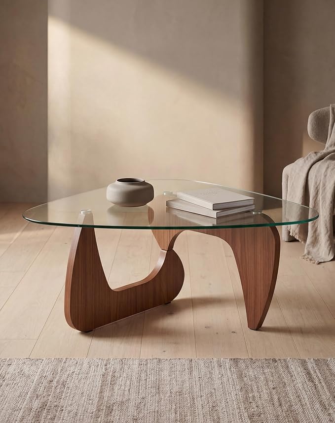 43.3" Triangle Coffee Table with Clear Glass Top and MDF Wood Base, Walnut Glass Coffee Table for Living Room, Mid Century Modern Center Table for Apartment, Sofa, Lounge, Reception