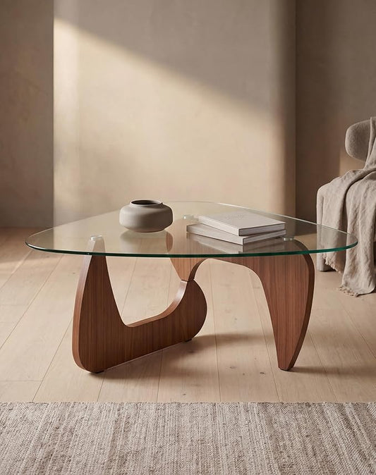 43.3" Triangle Coffee Table with Clear Glass Top and MDF Wood Base, Walnut Glass Coffee Table for Living Room, Mid Century Modern Center Table for Apartment, Sofa, Lounge, Reception