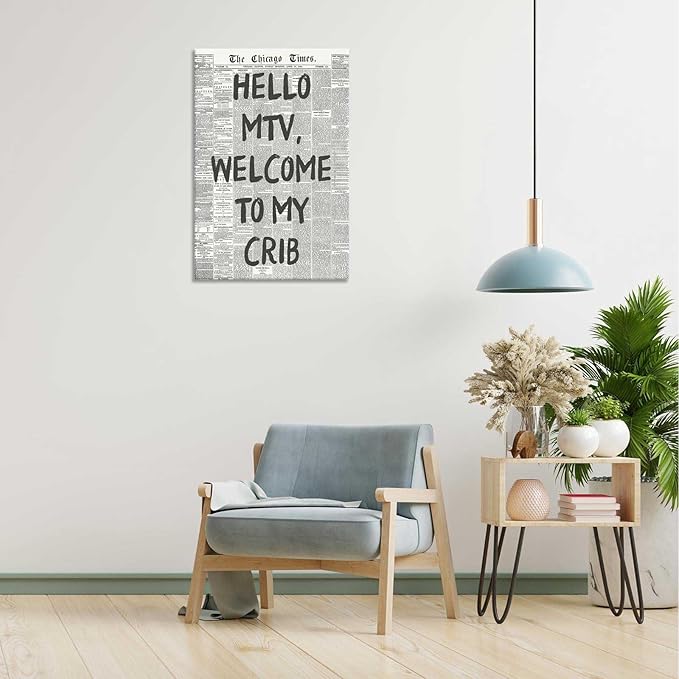 Drimiler Hello Mtv Welcome To My Crib Poster Vintage Black And White Newspaper Canvas Wall Art Positive Affirming 70'S Room Aesthetic Prints Painting For Home Bedroom Dorm Wall Decor 8x12in Wframed