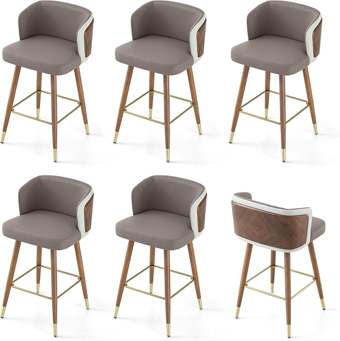 ARTPLAN Mid Century Modern Bar Stools Set of 6 for Counter Height - Leather Upholstered Seat with Walnut Wood Frame, Retro 34 Inch Bar Chairs for Home Kitchen Island, Bar, Breakfast Nook,Gray