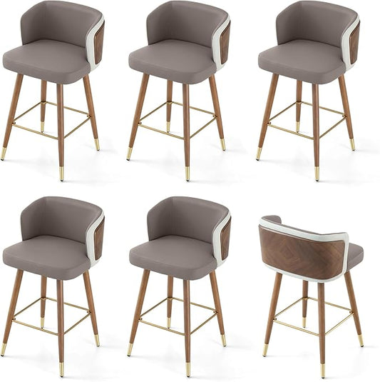ARTPLAN Mid Century Modern Bar Stools Set of 6 for Counter Height - Leather Upholstered Seat with Walnut Wood Frame, Retro 34 Inch Bar Chairs for Home Kitchen Island, Bar, Breakfast Nook,Gray