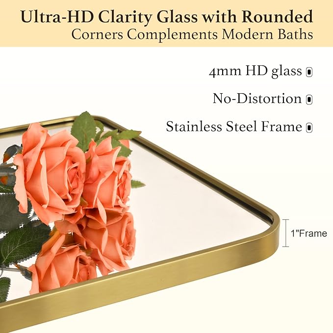 Gold Wall Mirror for Bathroom 30X36 Inch Stainless Steel Metal Frame Bathroom Vanity Mirror Rounded Rectangle Mirror Rustproof for Entryway, Living Room Hangs Vertically or Horizontally
