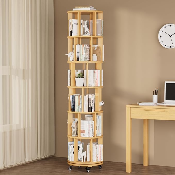 Rotating Bookshelf Tower with Wheels, 6 Tier Solid Wood Round Spinning Bookshelf Tower, 360° Revolving Bookcase Rolling for Kids Adult, Rotation Book Shelf for Bedroom, Living, Office, Corner, Natural