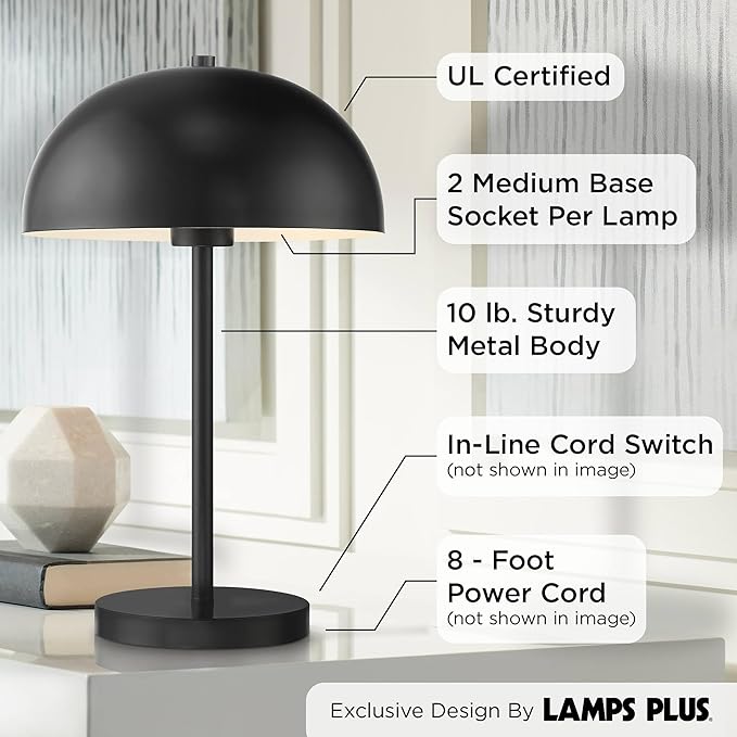360 Lighting Rhys Mid Century Modern Cottage Mushroom Accent Table Lamps 19 1/2" High Set of 2 Black Metal Dome Shade Decor for Living Room Bedroom House Bedside Nightstand Home Office Family