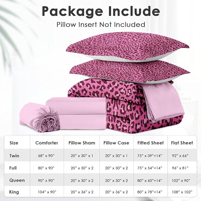 7Pcs Comforter Set King Size, Pink Leopard Cheetah Print, Bedding Decor Wildlife Animal Skin Bedroom Bed Set Flat Sheet Fitted Sheet Pillowcases Shams for Kids Adults
