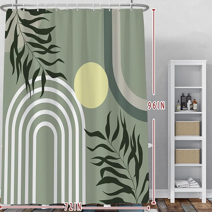 Baocicoo Green Minimalism Boho Shower Curtain Mid Century Abstract Sun Shower Curtain for Bathroom Modern Hostel Hotel Durable Polyester Waterproof Curtain for Bathroom with Hooks 72x96 Inches