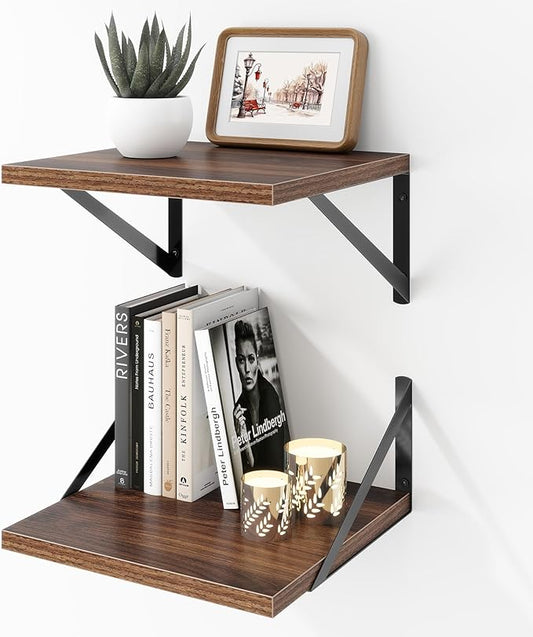 Deep Floating Shelves Wall Mounted, 12"x12" Walnut Wall Shelves with Brackets Set of 2 for Bedroom, Living Room, Bathroom, Kitchen, Office - Storage & Display Shelf for Decor, Books, Plants
